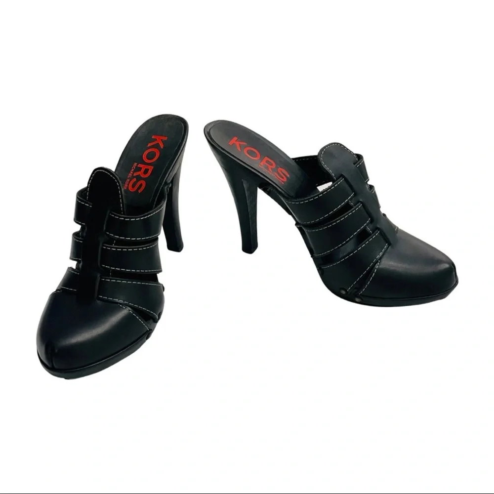 NIB Michael Kors Black Leather High Heel Stitched Clogs - Picture 4 of 10